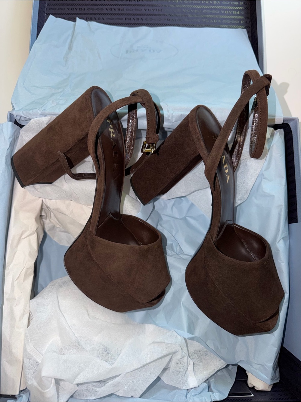 Prada Dark Brown Suede Platform Block Heel Sandals